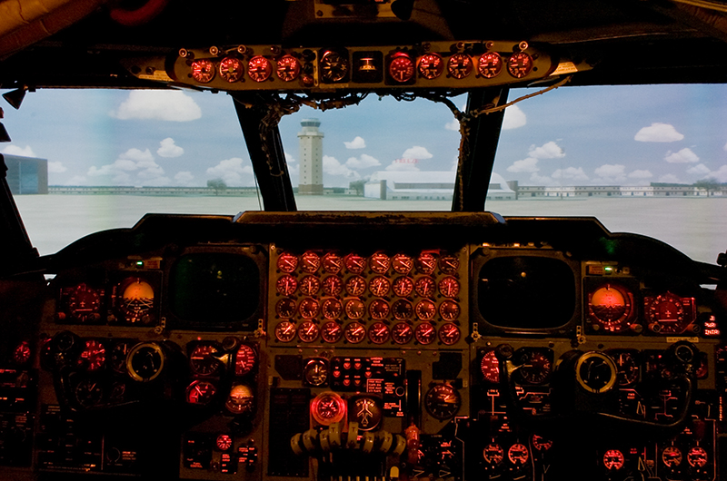 In the cockpit of a B-52 simulator; U.S. Air Force photo by Lance Cheung